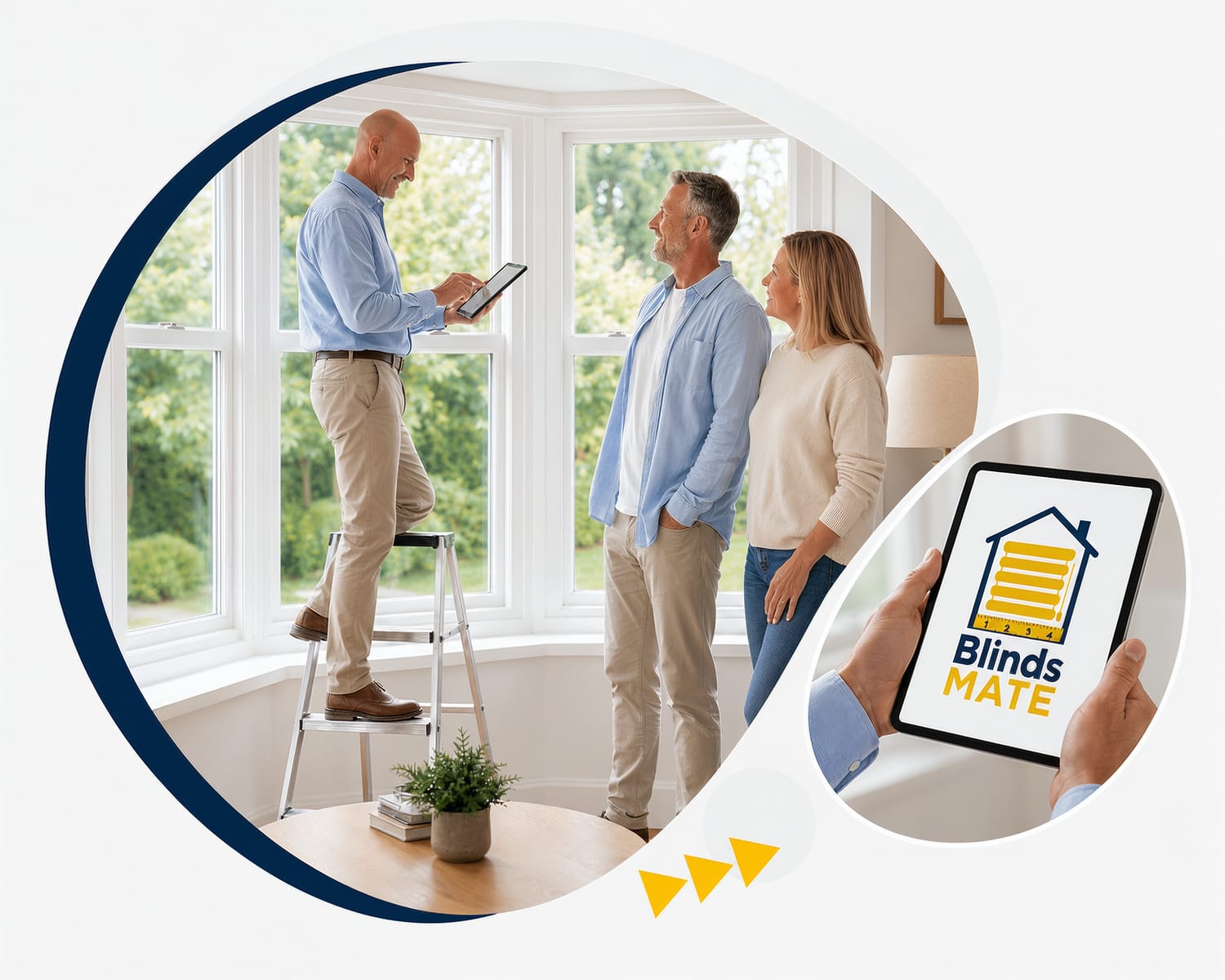 A blinds professional measuring a window during a customer consultation