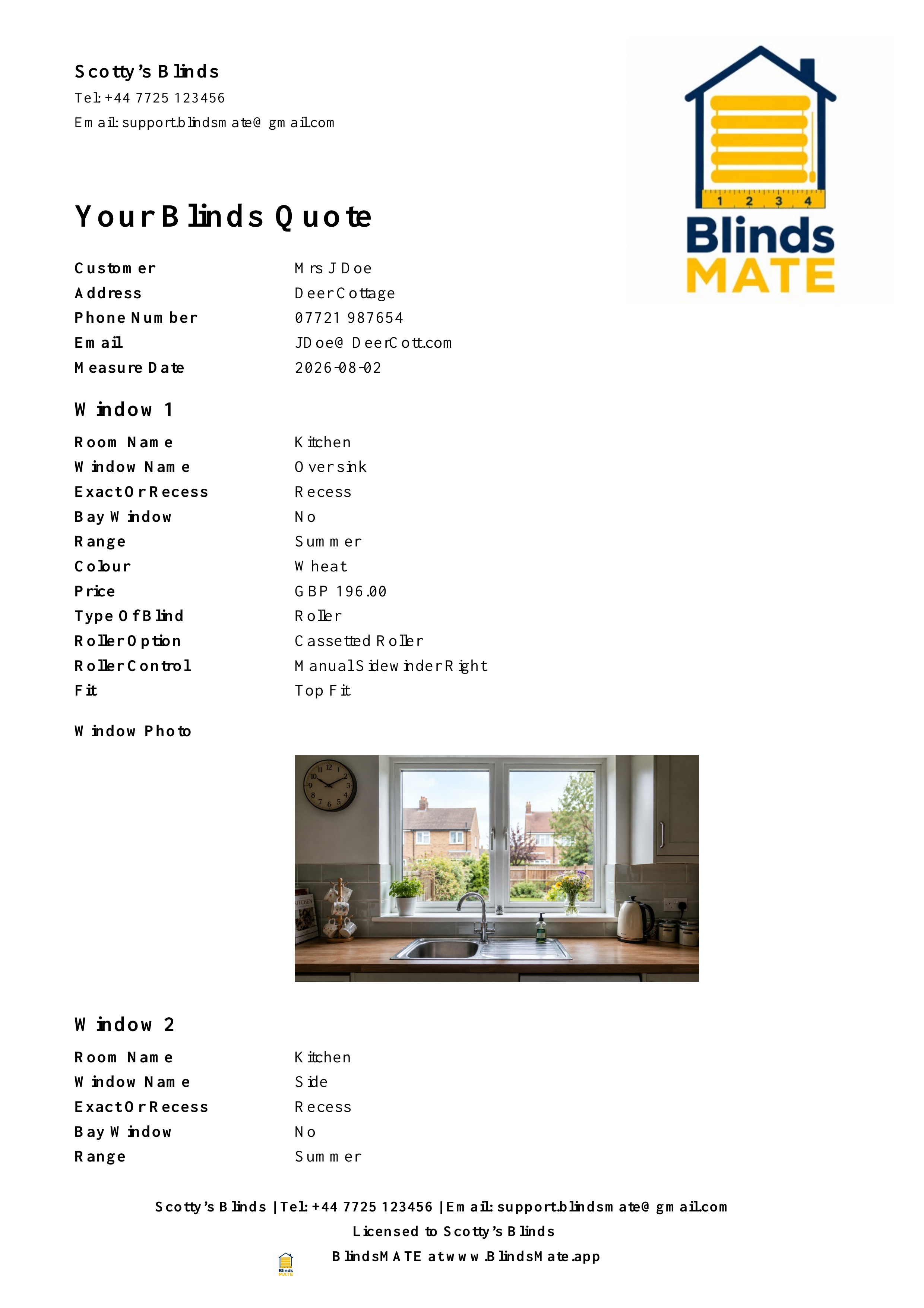 First page of a genuine branded customer quotation created by BlindsMATE