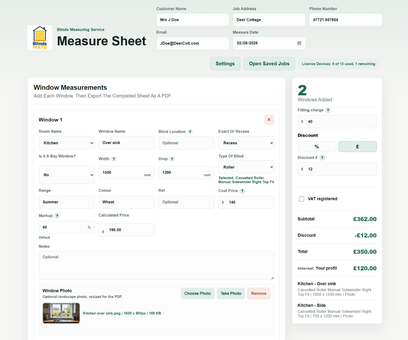 The genuine BlindsMATE measure sheet showing customer details, window measurements, a photo, prices and fitting information