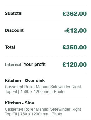 BlindsMATE job summary showing subtotal, discount, total, profit and window records